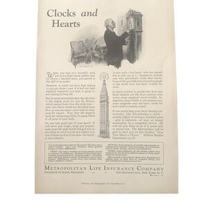 Vintage 1933 Metropolitan Life Insurance Clocks & Hearts Ad Advertisement